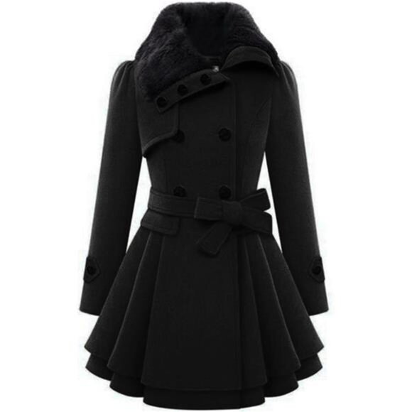 Women's Fashion Faux Fur Lapel Double-Breasted Thick Wool Trench Coat Winter - Picture 1 of 6